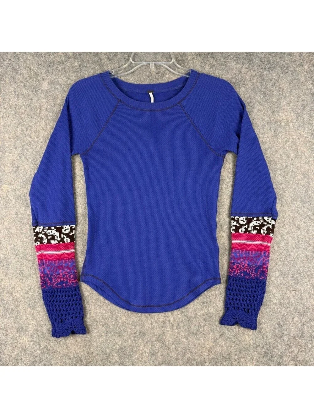 Free People In the Mix Cuff Top Blue Thermal Fair Isle Knit Sleeves Size S 324